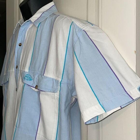 Vtg 80s Pacific Coast Highway blue & white vertical striped short sleeved shirt - Picture 3 of 11